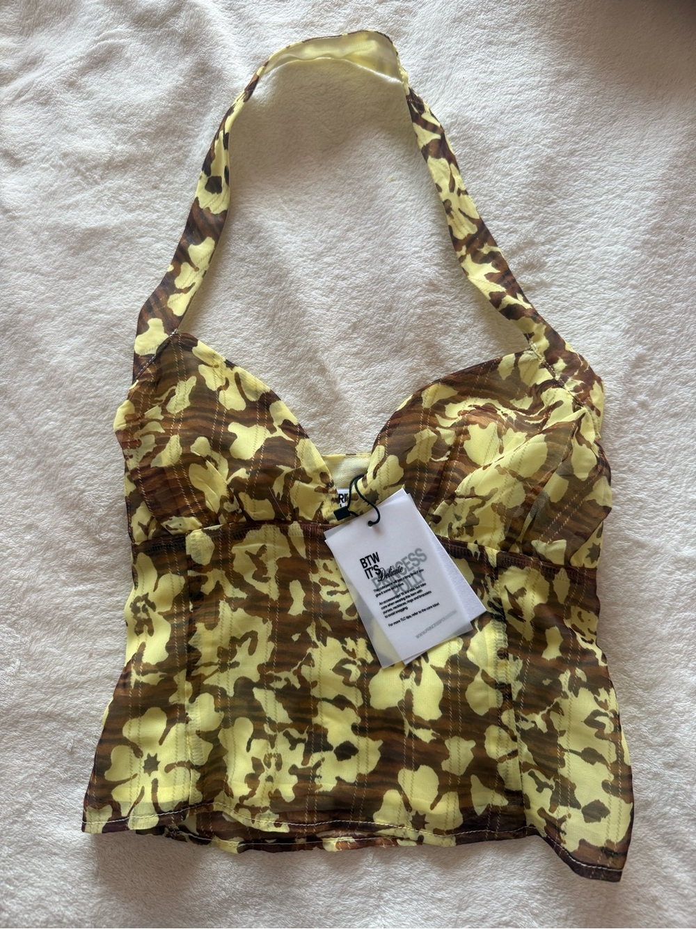Princess Polly Yellow and Brown Floral Halter Bodysuit Top